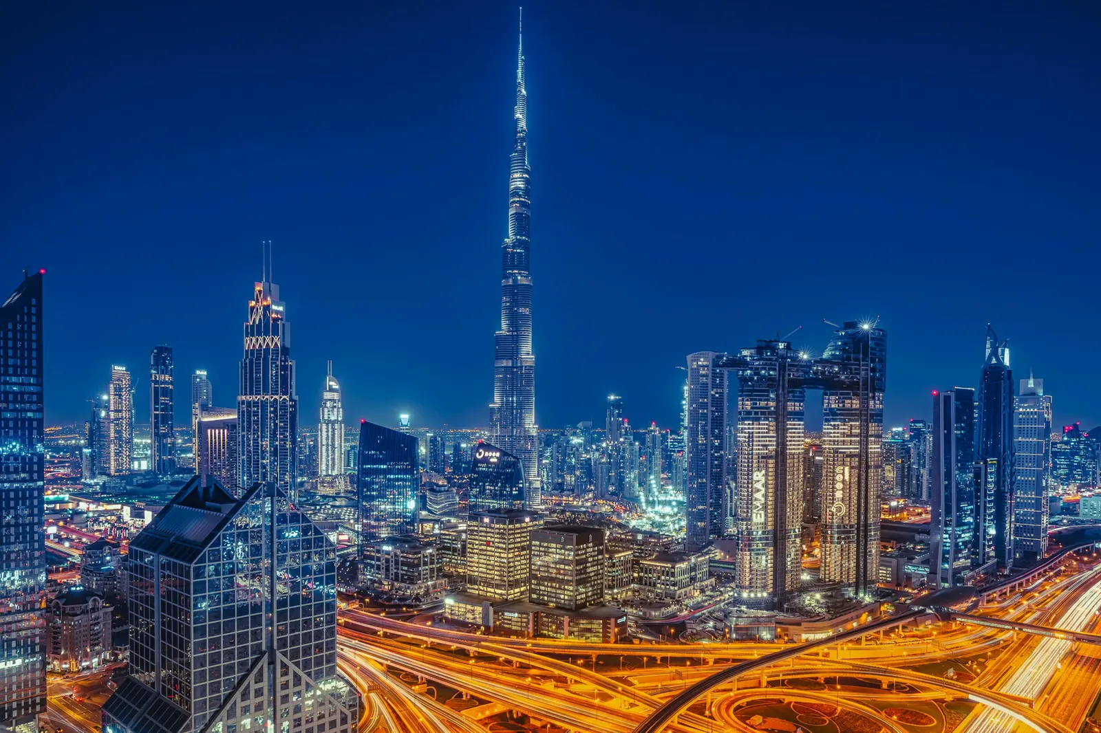 Burj Khalifa and the Downtown Dubai skyline at night